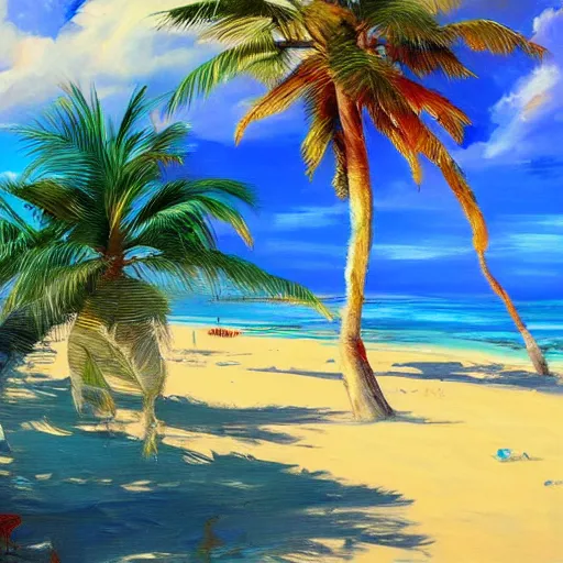 Image similar to A beautiful award winning painting of a tropical beach with palm trees and blue ocean, trending on artstation