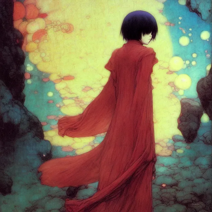 Image similar to mamimi samejima, psychedelic background, female anime character, Lain, uwu, uwu, Luminism Romanticism by John William Waterhouse Beksinski Finnian MacManus Ruan Jia, uwu Hi-Fructose, Artstation, HD, HDR, High Resolution, 1024x1024, technological rings, giygas, demon souls, bloodborne boss