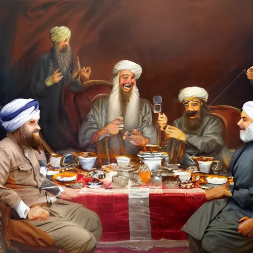 Image similar to a painting of joe biden laugh in tea party with taliban, ultra detailed face, body and gesture, justify content center, hyper realistic content, frontal hyperdetailed realistic content, sharp focus, intricate, dynamic composition, 2 colors, baroque, delete duplicate content