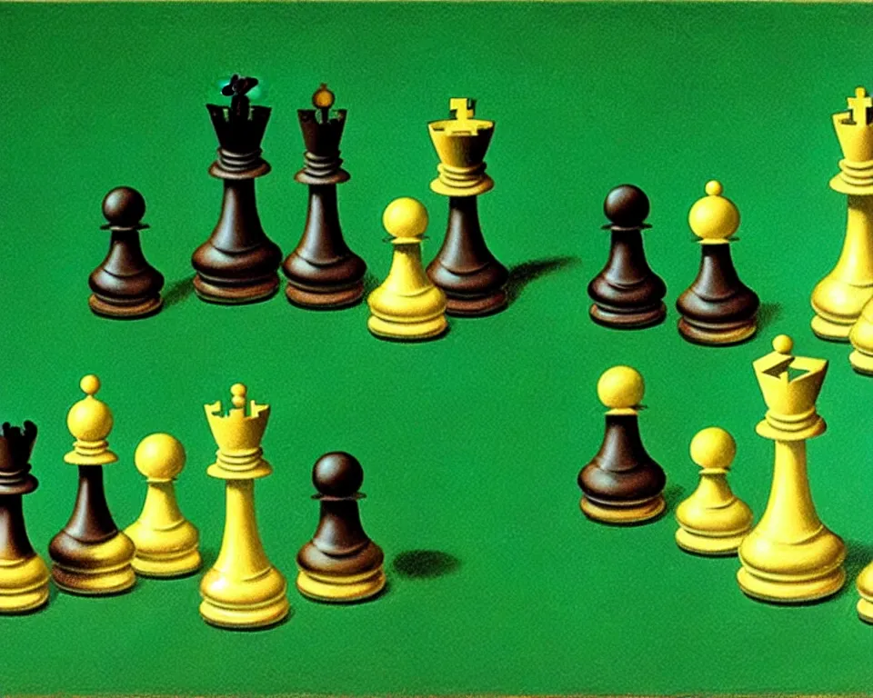 Image similar to a chess set on a green background by raphael, hopper, and rene magritte. detailed, proportional, romantic, enchanting