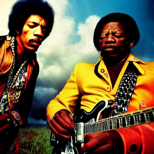 Image similar to photo of jimi hendrix and b. b king, with very highly detailed face, jamming with electric guitars, sitting on fluffy clouds. realism, beautiful, dramatic by steve mccurry