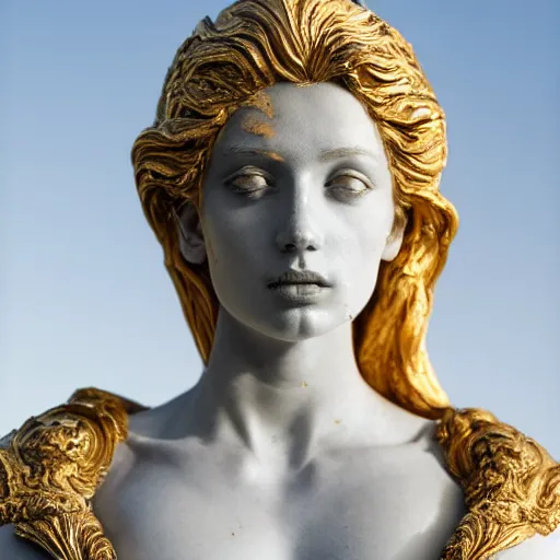 Prompt: a statue made of marble with gold veins, of an beautiful angel girl, perfect symmetrical body, perfect symmetrical face, hyper realistic, hyper detailed, fujicolor superia 1 6 0 0 photo, full body shot, by peter kemp