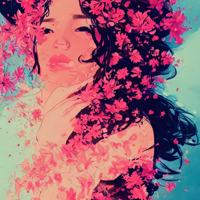 Image similar to candid portrait of very beautiful young filipino woman, surrounded by dramatic swirling smoke and flowers, face partially obscured, dark background, by conrad roset, abstract, trending on artstation