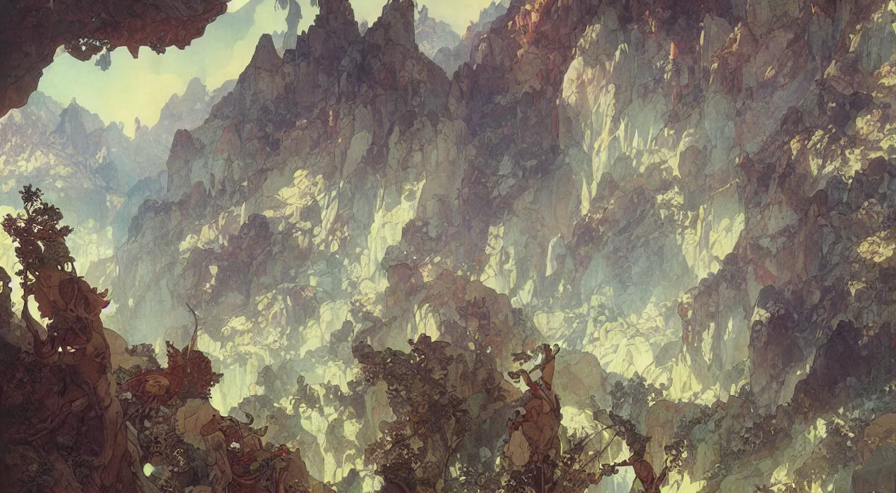 Prompt: A beautiful landscape painting of dystopian future in the mountains by Alfons Maria Mucha and Yoshitaka Amano and jean-honore fragonard