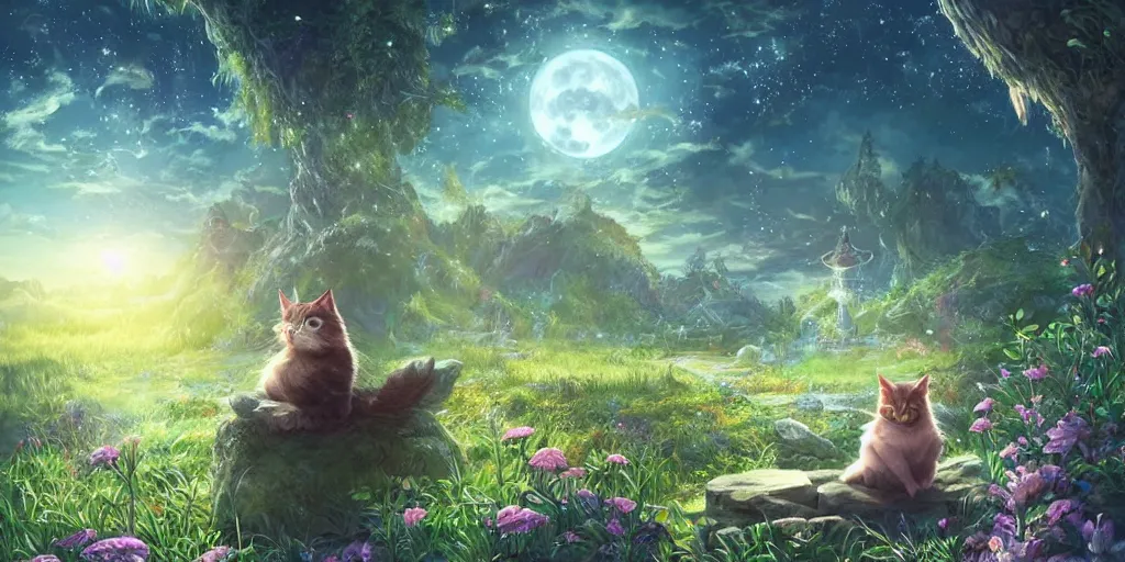 Image similar to final fantasy key visual of a cat, meditating in a magical fantasy garden at night, moonlight, fireflies glowing, lofi feel, magical, highly detailed, digital art, artstation, smooth, hard focus, illustration, art by artgerm - in the style of final fantasy and studio ghibli