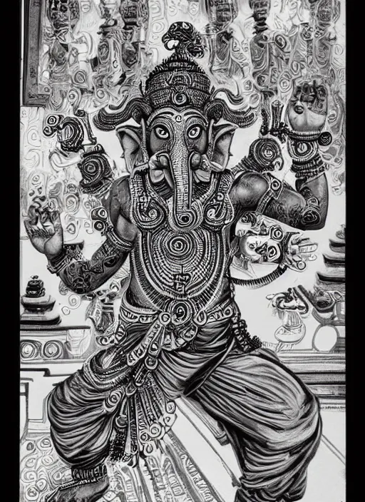 Prompt: black ink line art drawing, 6 armed ganesh dancing holding an old school boombox, high details, intricately detailed, by vincent di fate, artgerm julie bell beeple, inking, 1 9 9 0 s, vintage 9 0 s print, screen print