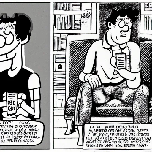 Image similar to A very sad Jon Arbuckle in real life in a comic book style sitting in his living room at home while holding a beer and being depressed, extremely depressed while watching TV, very nostalgic, very melancholic, dramatic angle, rotoscoped, rotoscope, photoshop, photomanipulation, realism, painting, illustration and sketch, weird scribbles, hybrid styles, hybrid art styles, mismatched, trending on artstation, trending on deviantart, weird, quirky, interesting, very detailed, highly detailed, HD Quality, 4k resolution, 8k resolution, in the style of David Firth, in the style of James Lee, in the style of Drue Langlois,