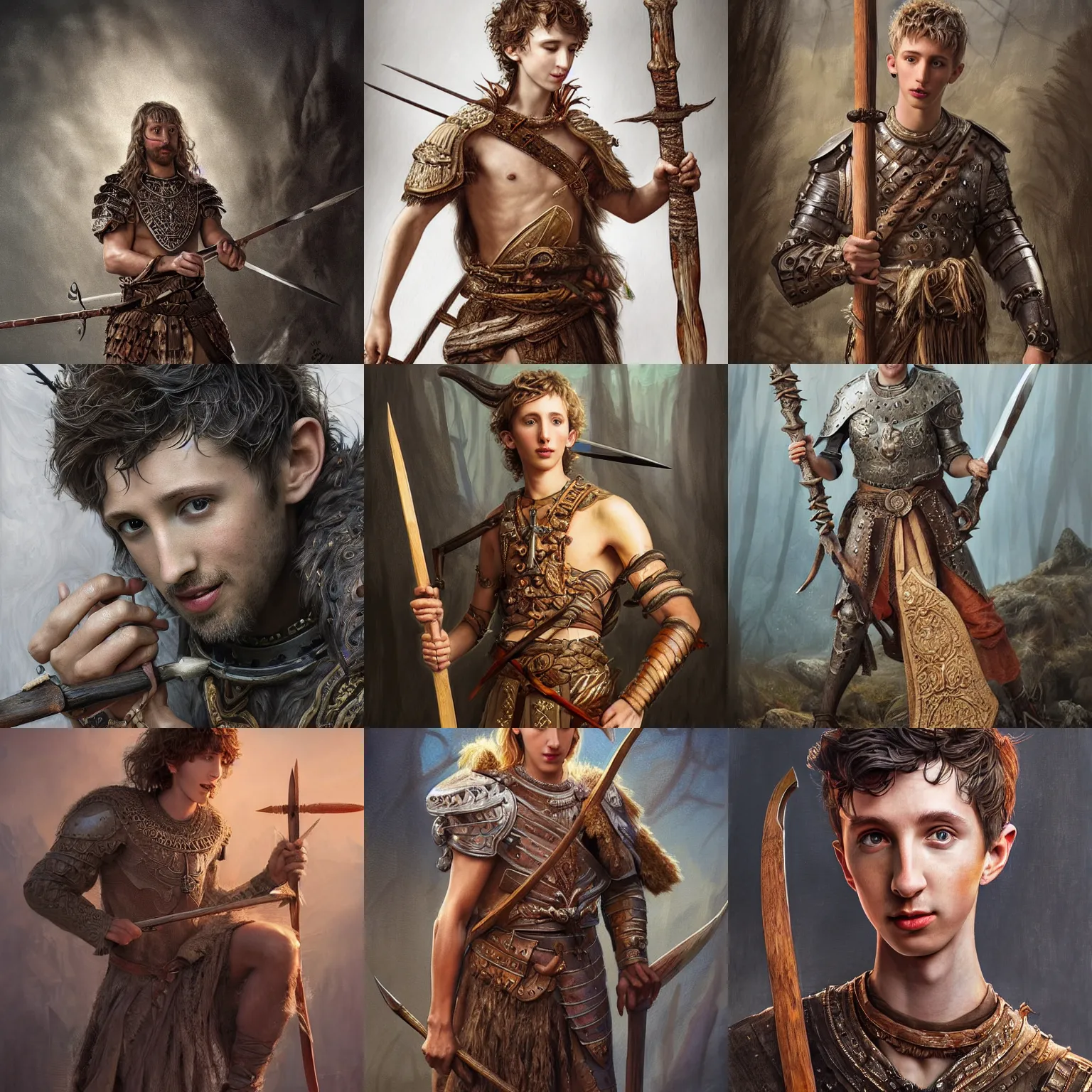 Prompt: Very highly detailed!!!!!! epic central composition studio photography of Troye Sivan wearing a barbarian tunic smiling holding a wooden sharp spear, intricate, medieval, extremely detailed, digital painting, artstation, concept art, smooth, sharp focus, illustration, studio lighting, incredible art by Anna Dittmann and Anton Pieck