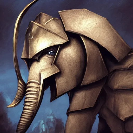 Image similar to elephantine armored knight, anthropomorphic, humanoid, elephant face, dungeons and dragons fantasy illustration