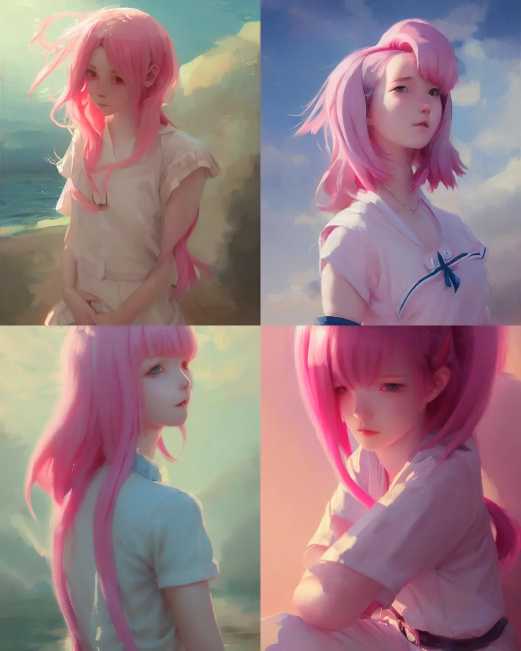 Prompt: girl with pink hair in sailor suit, half - length photo, illustration, exquisite lighting, perfectly shaded, soft painting, art by krenz cushart and wenjun lin