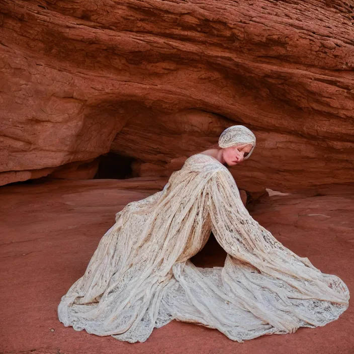 Prompt: a color photograph, closeup portrait of a woman wrapped in lace, sitting in a plastic throne, in arches mountains national park in utah, color photograph, by vincent desiderio, canon eos c 3 0 0, ƒ 1. 8, 3 5 mm, 8 k, medium - format print