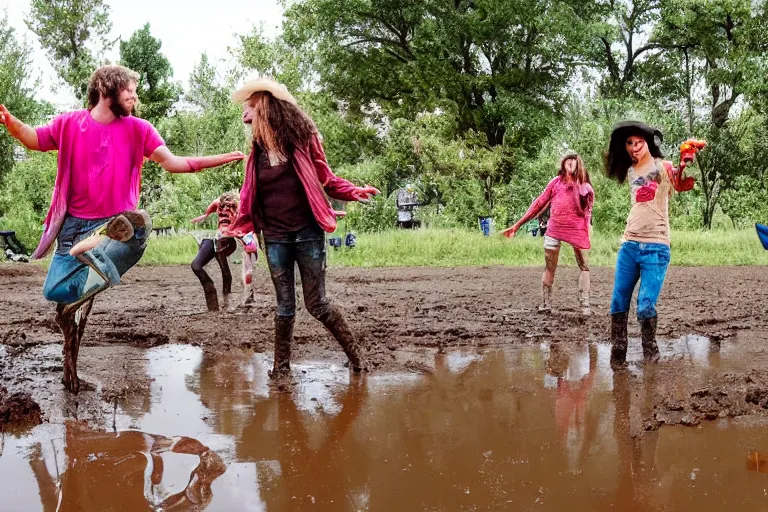 Image similar to hippies playing in a mud puddle