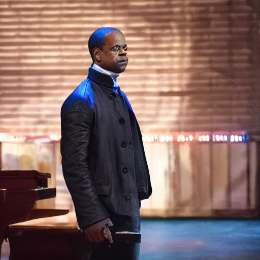 Prompt: Dulé Hill in Hamilton, production still, stage lighting, bokeh