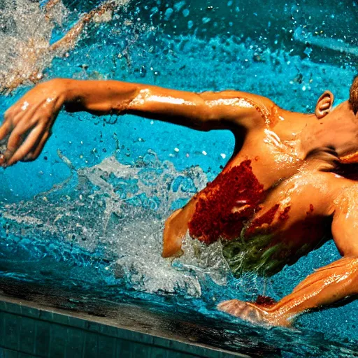 Image similar to uhd photo of olympic swimming in cheesesauce instead ofwater, uhd hyperdetailed photography, photo by annie leibowitz