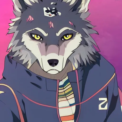 Image similar to key anime visual portrait of an anthropomorphic anthro wolf fursona, in a jacket, with handsome eyes, official modern anime art