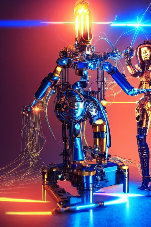 Image similar to portrait photo of a giant huge golden and blue metal humanoid female steampunk robot singer with headphones and gears and tubes, in the foreground is a big red glowing microphone on a tripod, eyes are glowing red lightbulbs, shiny crisp finish, 3 d render, 8 k, insaneley detailed, fluorescent colors, background is multicolored lasershow