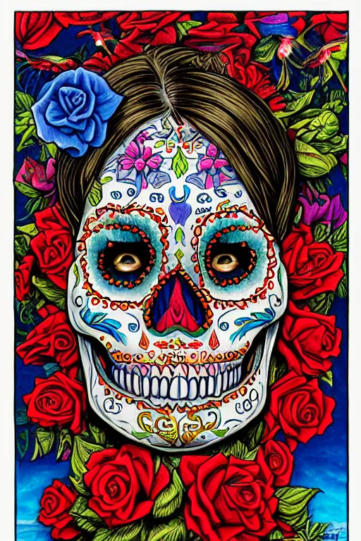 Image similar to illustration of a sugar skull day of the dead girl, art by todd schorr