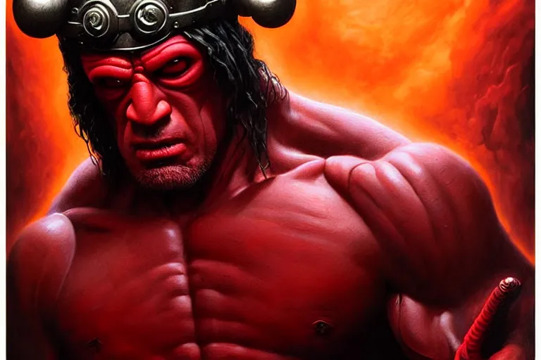 Prompt: poster portrait of sly stallone as hellboy ( 2 0 0 4 ). artwork, 4 k digital art, 8 0's style tomasz alen kopera, peter mohrbacher, donato giancola, boris vallejo, drew struzan hyperrealistic oil painting, urban horror, frank frazetta