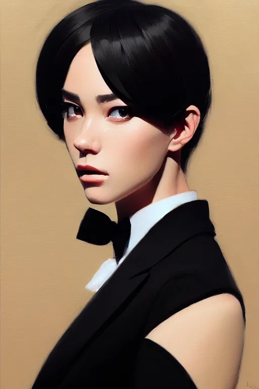 Image similar to a ultradetailed beautiful portrait panting of a stylish woman wearing a black tuxedo, oil painting, by ilya kuvshinov, greg rutkowski and makoto shinkai, trending on artstation