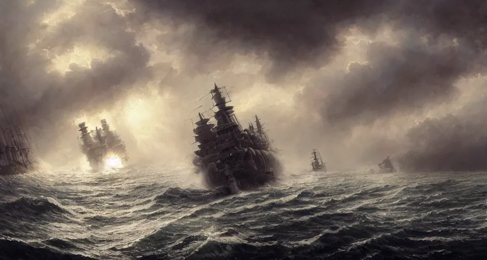 Image similar to giant enormous fierce sailing battleship, raging sea foggy, dramatic, action scene, stormy background, shipfleet on the horizon, high detail, greg rutkowski, james gurney, gene wolfe, gustave dore, jesper ejsing, rhads, makoto shinkai, ilya kuvshinov