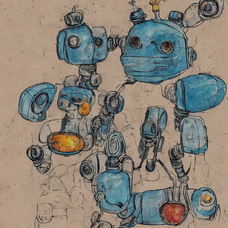 Image similar to a detailed illustration of a cute retro robot dog, alcohol inks on parchment, muted colors, detailed, textured parchment background, 1 9 5 0 s concept art