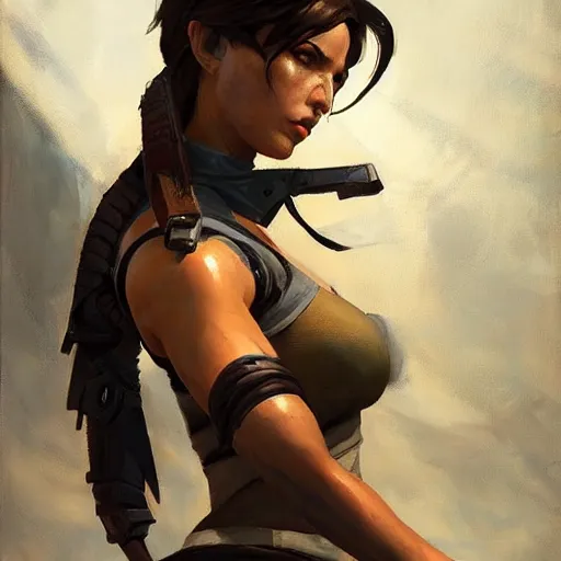 Image similar to greg manchess portrait painting of partially armored lara croft as overwatch character, close - up shot, asymmetrical, profile picture, organic painting, sunny day, matte painting, bold shapes, hard edges, street art, trending on artstation, by huang guangjian and gil elvgren and sachin teng