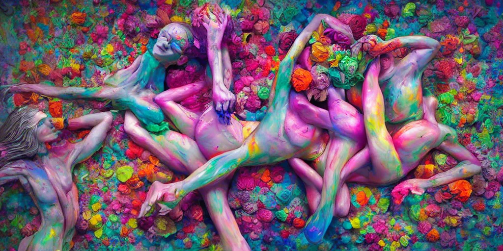 Image similar to surrealist sculpture human bodies intertwined, a lovely cornucopia of flowers and human body parts, body parts, paint pour, swirling paint colors, highly detailed, octane render, cinematic