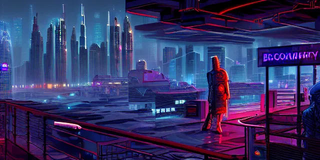 Image similar to blockchain in the middle of a futuristic cyberpunk dubai city, in the art style of dan mumford and marc simonetti, atmospheric lighting, intricate, volumetric lighting, beautiful, sharp focus, ultra detailed