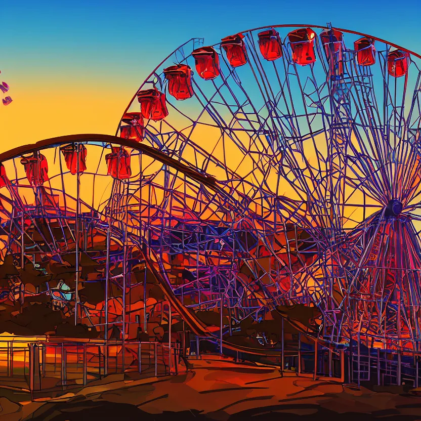 Prompt: digital art of a giant roller coaster guitar during sunset with a ferris wheel in the background