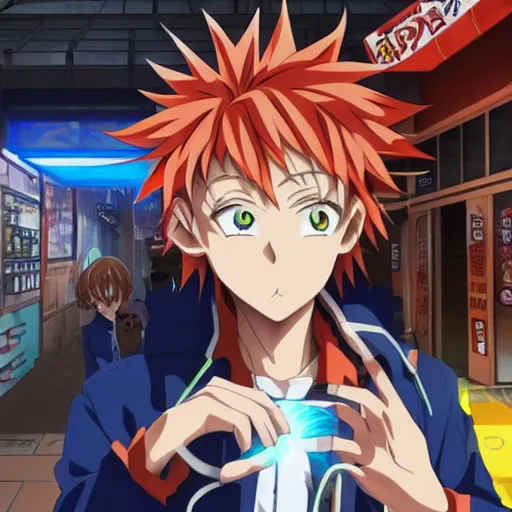 Prompt: orange - haired anime boy, 1 7 - year - old anime boy with wild spiky hair, wearing blue jacket, holding magical technological card, magic card, in front of ramen shop, strong lighting, strong shadows, vivid hues, raytracing, sharp details, subsurface scattering, intricate details, hd anime, high - budget anime movie, 2 0 2 1 anime