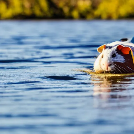 Image similar to A guinea pig paddling a kayak on a calm river