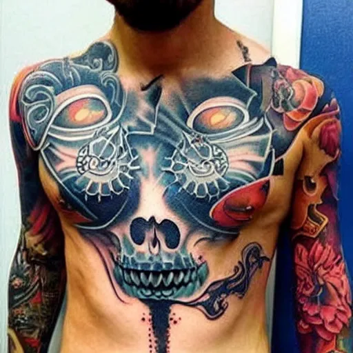 Prompt: devilish tattoos on a man's body