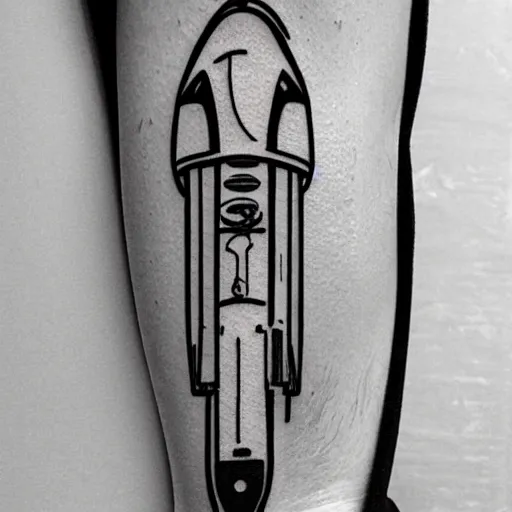 Prompt: tattoo design, stencil, portrait of a spacex rocket