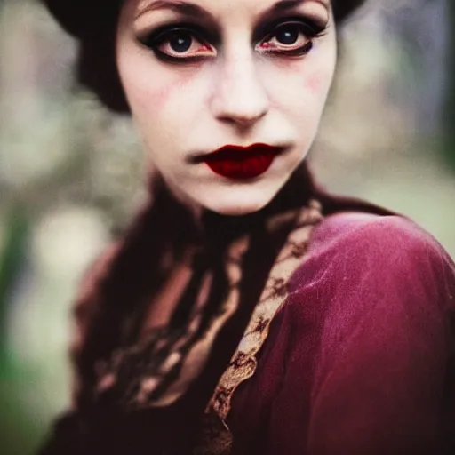 Image similar to A beautiful portrait of a lady vampire, victorian, photography, 35mm, depth of field, bokeh, soft light, cinematic, steve mccurry