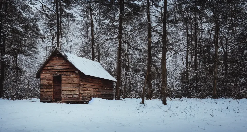 Image similar to a wooden hut at a clearing in the woods, snowy, light inside the hut, realistic, epic composition, epic lighting, 4 k