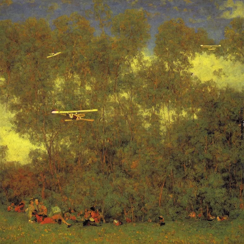 Prompt: two huge zepplins flying above a forest in twilight, 1905, highly detailed colourful oil on canvas, by Ilya Repin