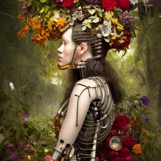 Image similar to a beautiful intricate fine art portrait photo of a farewell moment between lovers, a mechanical industrial steampunk cybernetic robot and a human overgrown with colorful flowers and leaves by tom bagshaw and zach sutton, golden ratio composition, studio lighting, 50mm lens, very detailed, bionic, cybernetic scifi, deep depth of field, artstation, 8K, highly coherent