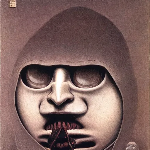 Prompt: portrait of a masked occultist by zdzisław beksinski and nc wyeth