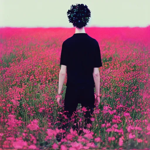 Image similar to kodak portra 4 0 0 photograph of a skinny goth guy standing far back in a field of flowers, back view, flower crown, moody lighting, telephoto, 9 0 s vibe, blurry background, vaporwave colors, faded!,
