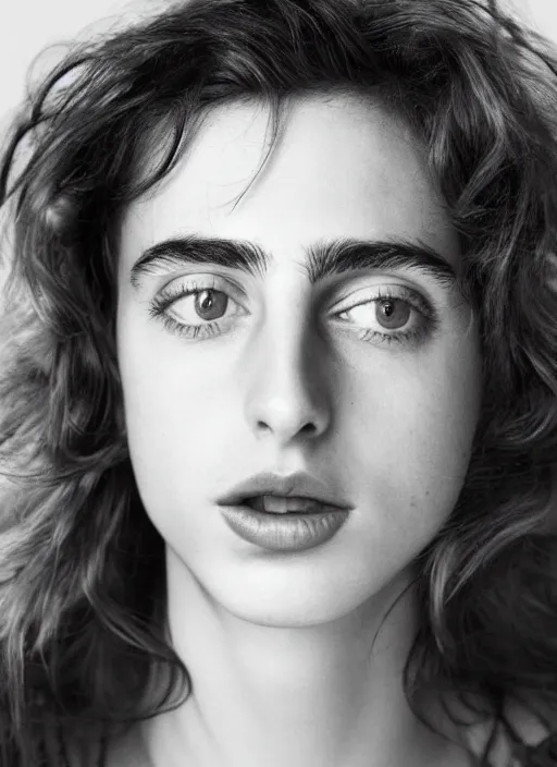 Image similar to portrait of beautiful female timothee chalamet by mario testino, headshot, detailed, award winning, sony a 7 r