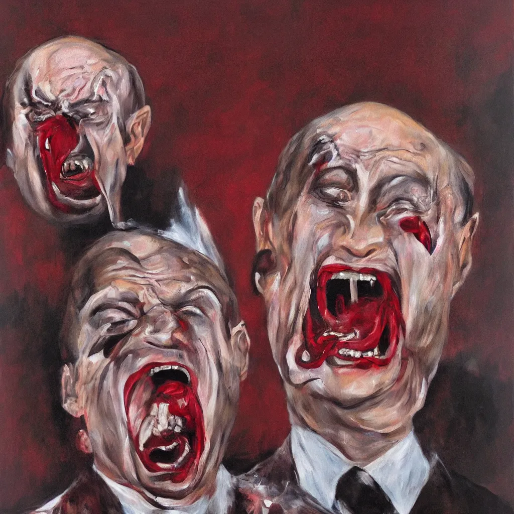 Image similar to oil painting of evil vladimir putin, screaming eyes wide shot art by francis bacon