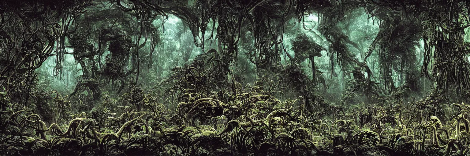 Image similar to underground cave on an exotic alien planet with a jungle canopy of antler trees in the background, leafy overgrowth, insectile weeds, demon faces, skulls, by ian miller, rodney matthews and al feldstein, photorealistic render