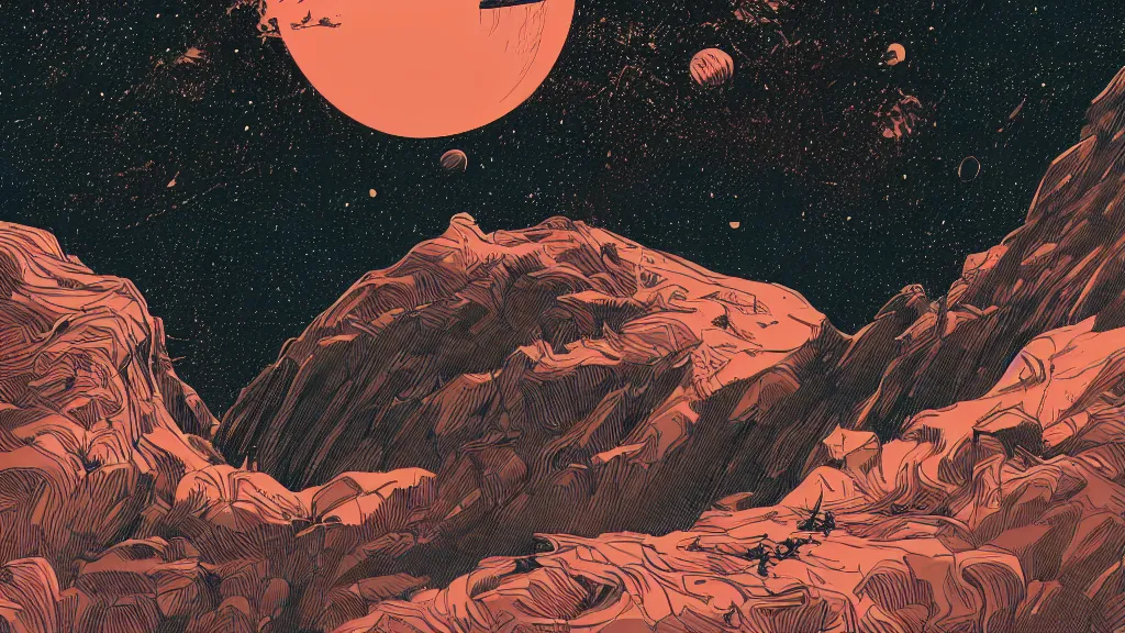 Prompt: very detailed, prophet graphic novel, ilya kuvshinov, mcbess, rutkowski, simon roy, illustration of a dead planet as seen from space, wide shot, colorful, deep shadows, astrophotography