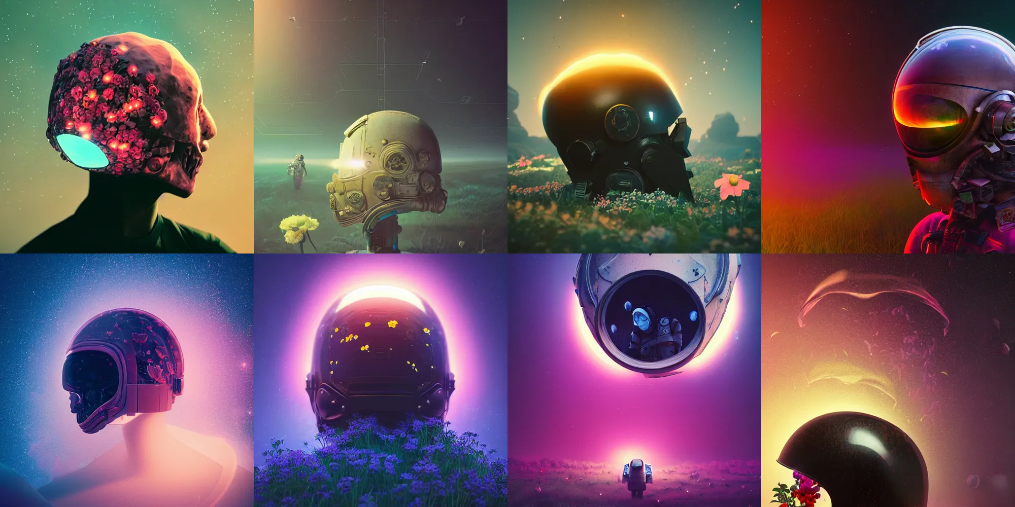 Image similar to beautiful dark landscape, astronaut cracked helmet skull head, beautiful flowers growing, in the style of beeple and mike winkelmann, intricate, epic lighting, cinematic composition, hyper realistic, 8 k resolution, unreal engine 5, raytracing, ultraviolet colors,