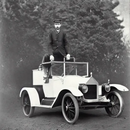 Image similar to an oldie car with wings and horse black-white retro photo 1910, man in front