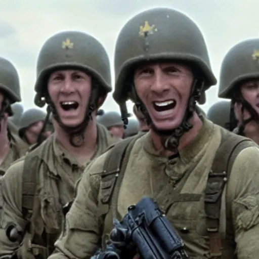 Image similar to movie still from saving private ryan with soldiers replaced with minions, action, d - day