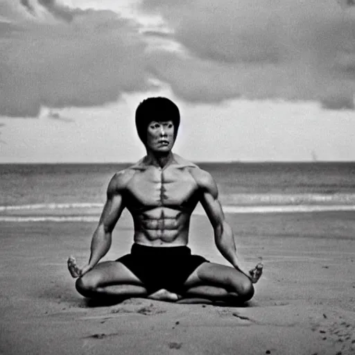 Prompt: bruce lee meditating on the beach