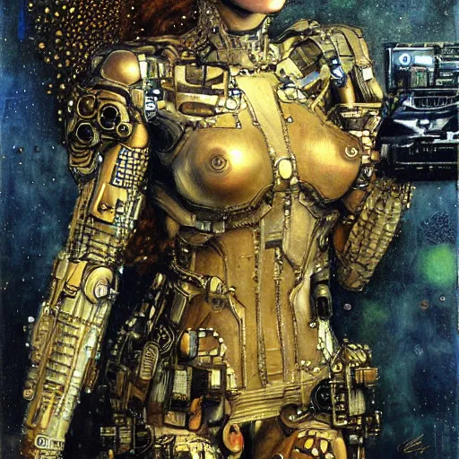 Image similar to cybernetic female supersoldier armed with laser rifle, intricate detail, klimt, royo, whealan,