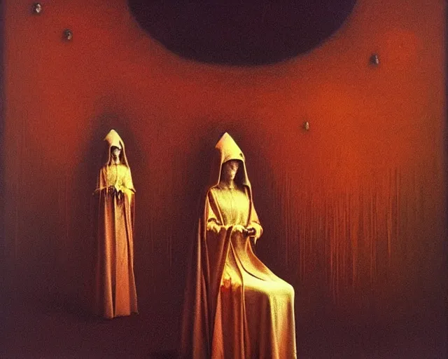 Image similar to devotion to the scarlet woman, priestess in a conical hat, coronation, ritual, sacrament, by francis bacon, beksinski, mystical redscale photography evocative, luxury, opulence, maximalism