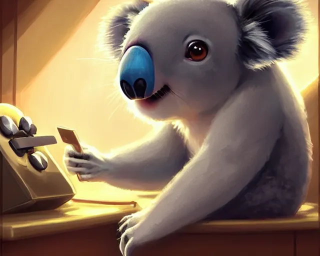 Prompt: a cute koala, big eyes, playing video games, holding an xbox controller, extremely focused, digital painting by krenz cushart, ilya kuvshinov, victo ngai, thomas kinkade. cute cozy room, highly detailed, award winning, artstation